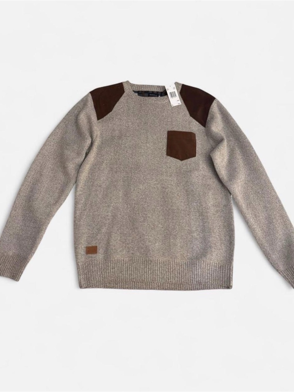 Buffalo Men's Crewneck Sweater with Brown Shoulder and Pocket Accents
